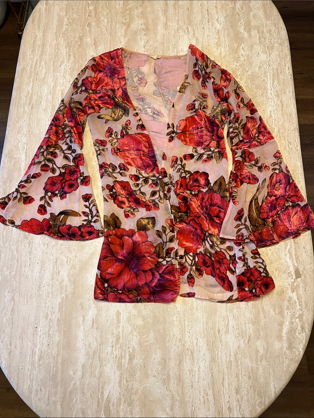 Sheer Red Floral Wrap cardigan with Bell Sleeves